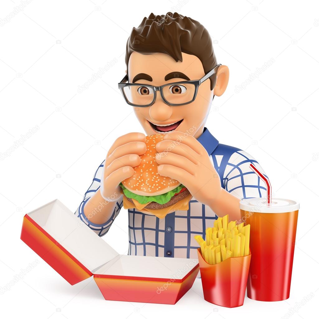 3D Young man eating a hamburger with fries and drink. Fast food 