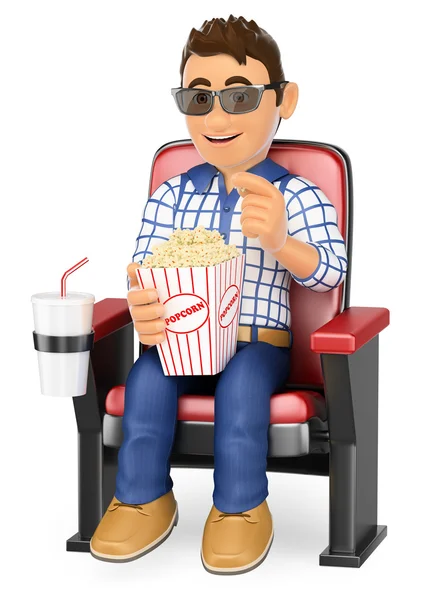 3D Jovem adolescente no cinema com pipoca e bebida — Fotografia de Stock