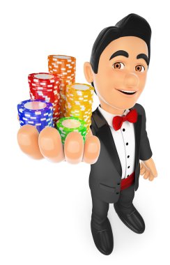casino fişleri ile 3D smokin adam. Bahis kavramı