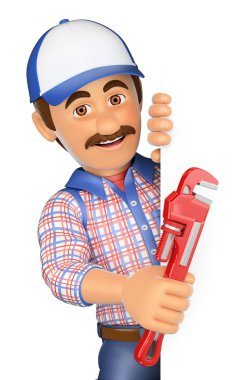 3D Plumber with a pipe wrench pointing aside. Blank space clipart