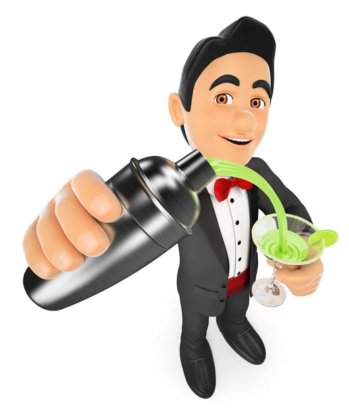 3D Tuxedo man preparing a cocktail in a shaker — Stock Photo, Image
