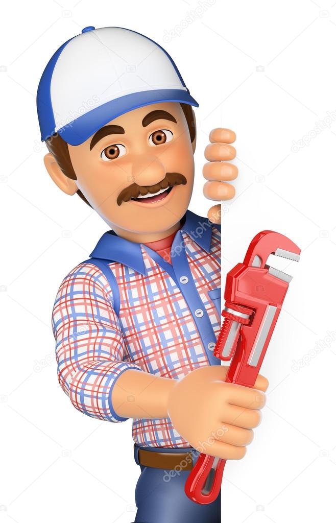 3D Plumber with a pipe wrench pointing aside. Blank space