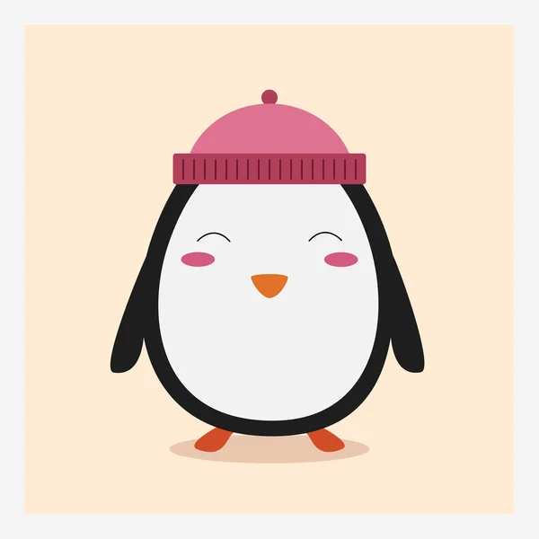 Vector lindo feliz plana animal salvaje pingüino en sombrero rosa con pom pom — Vector de stock