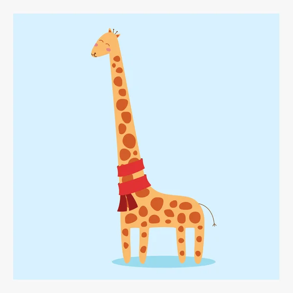 Vector drăguț fericit girafă animală sălbatică plată cu multe pete maro și eșarfă roșie — Vector de stoc