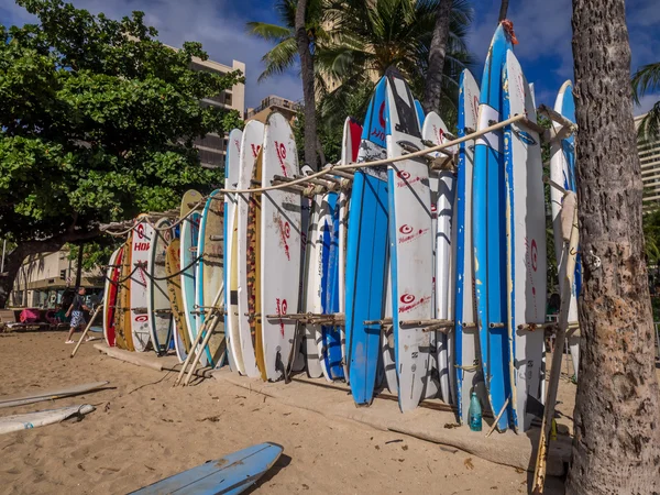Toko penyewaan surfing di pantai Waikiki — Stok Foto