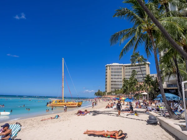 Waikiki Plajı'nda turistler için bekleyen katamaran — Stok fotoğraf