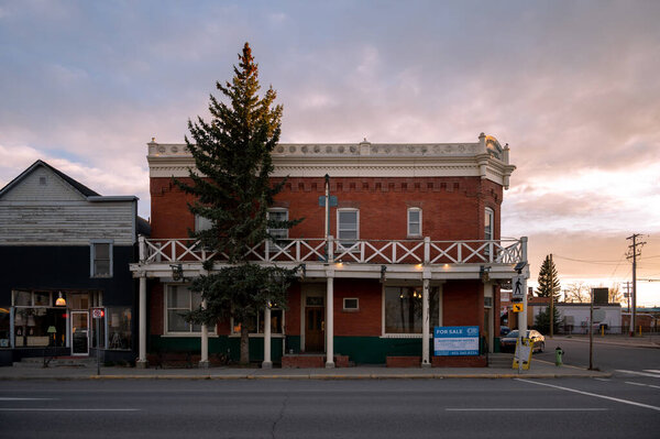 Nanton, Alberta - May 7, 2021: Facade of historical buildings in the historic town of Nanton.