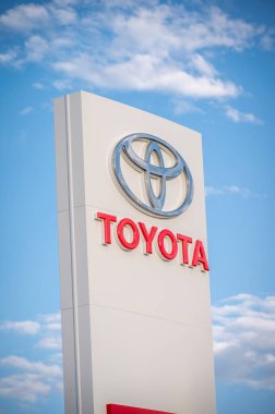 Calgary, Alberta - June 3, 2021: Toyota logo on a panel. Toyota Motor Corporation is a Japanese automotive manufacturer headquartered in Toyota, Aichi, Japan