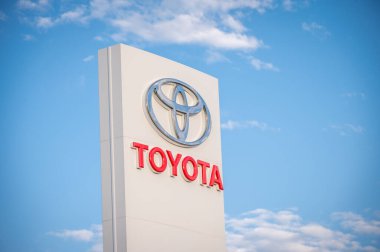 Calgary, Alberta - June 3, 2021: Toyota logo on a panel. Toyota Motor Corporation is a Japanese automotive manufacturer headquartered in Toyota, Aichi, Japan