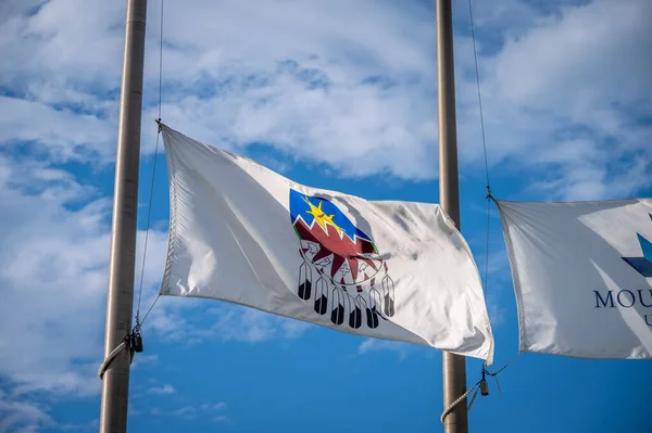 Behandel Vlag Alberta Halve Mast Blauwe Lucht Achtergrond — Stockfoto