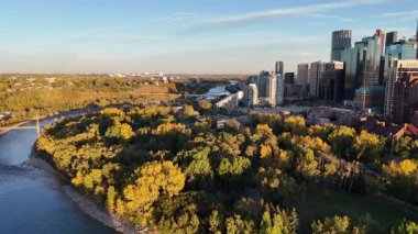 Aerial view of Calgary's skyline from Crescent Heights in autumn.