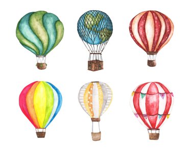 Klasik sıcak hava balonu seti. Suluboya çizimi. Tasarım, yazdırma ve arkaplan.