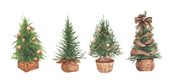 Watercolor Illustration Set Christmas Trees Pots — Stock Photo, Image