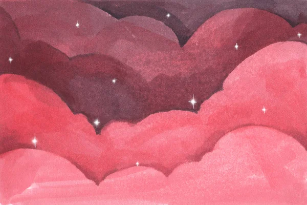 Pink clouds and star for background. Night sky. Abstract pastel watercolor background.
