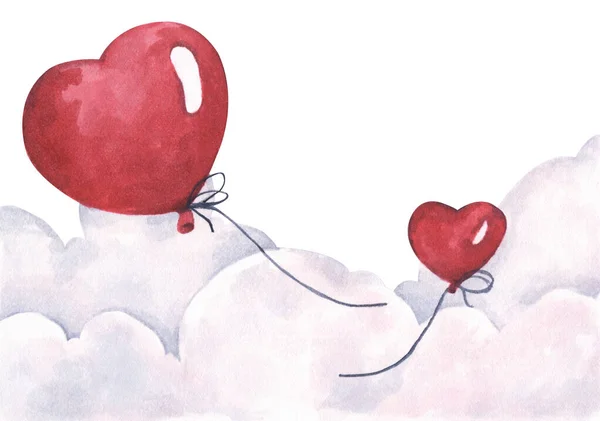 Fliegende Valentines Rote Herzballons Himmel Liebe Und Romantik Karte Aquarellillustration — Stockfoto