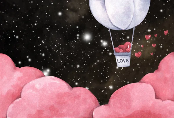 Romantische Illustration Heißluftballon Mit Herz Fliegt Den Nachthimmel Illustration Von — Stockfoto