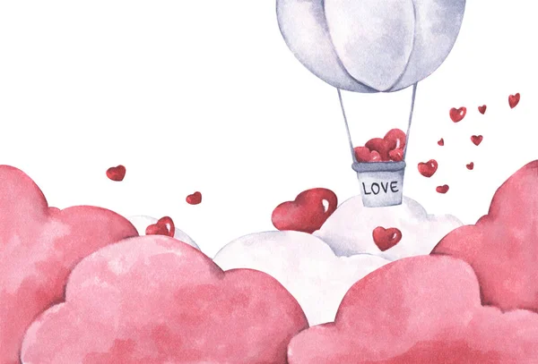 Heißluftballon Mit Herz Schwebt Himmel Illustration Von Liebe Und Valentinstag — Stockfoto