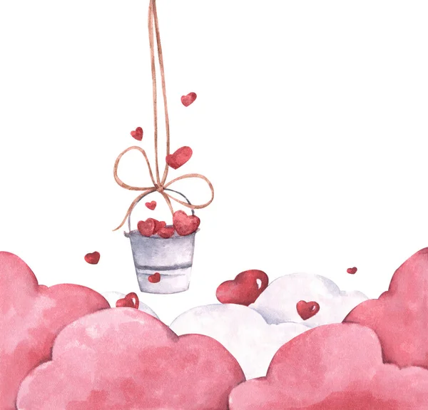 Eimer Mit Herzen Hängen Seilen Mit Rosa Wolken Illustration Von — Stockfoto