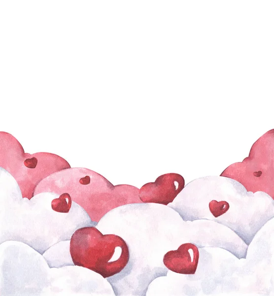 Kırmızı Kalpler Bulutlarda Şekillenir Aşk Sevgililer Günü Tasviri Suluboya Çizimi — Stok fotoğraf
