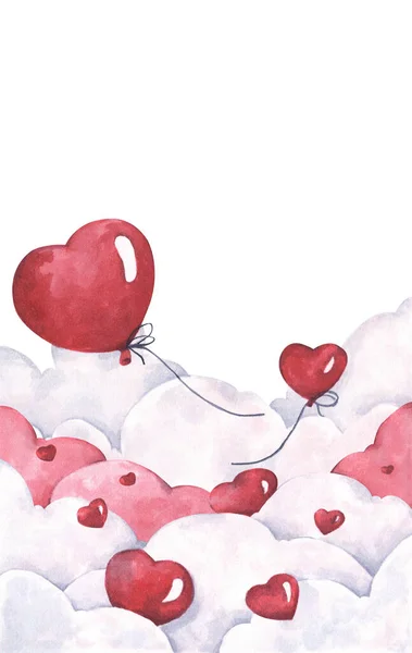 Vliegende Valentijnskaarten Rode Hartballonnen Aan Hemel Liefde Romantiek Kaart Aquarelillustratie — Stockfoto