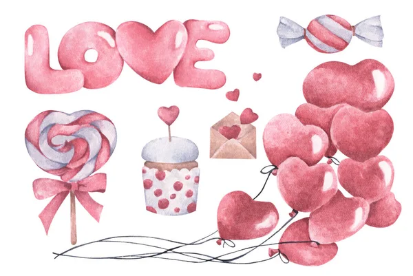 Cute Watercolor Romantic Illustration Set Design Elements — Stock Photo, Image