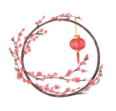 Geleneksel Çin Yuvarlak Çerçevesi. Fener ve sakura ağacı. Beyaz arka planda izole edilmiş. Çin 'de yeni yıl için fikir. Suluboya çizimi.