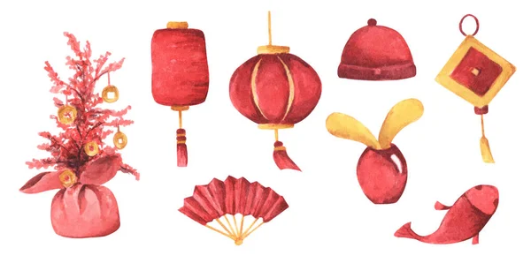 Akvarell Set Med Traditionell Kinesisk Inredning Isolerad Vit Bakgrund Röd — Stockfoto