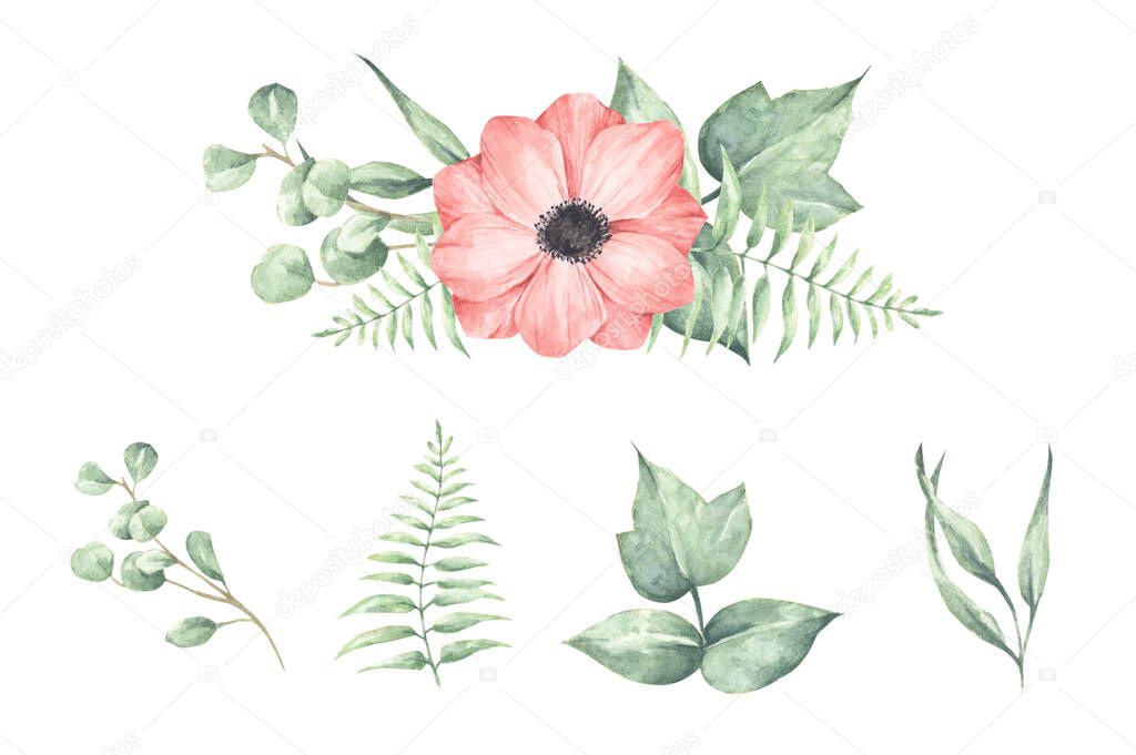 Set of floral branch. Wedding concept with flowers. It's perfect for greeting cards, wedding invitation, birthday. Watercolor floral illustration.