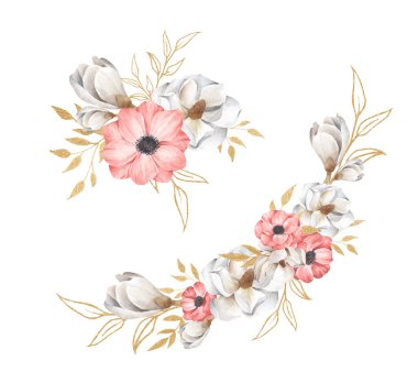 Çiçek aranjmanlarını hazırla. Çiçekli düğün konsepti. Tebrik kartları, düğün davetiyesi, doğum günü için mükemmel. Suluboya çiçek çizimi.