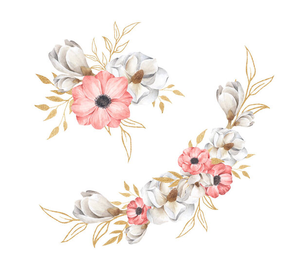 Set of the floral arrangements. Wedding concept with flowers. It's perfect for greeting cards, wedding invitation, birthday. Watercolor floral illustration.