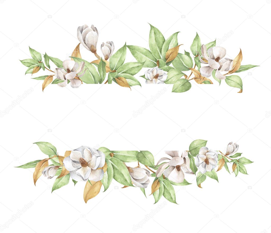 Watercolor hand painted banner with white flowers and branches. It's perfect for greeting cards, wedding invitation, birthday.