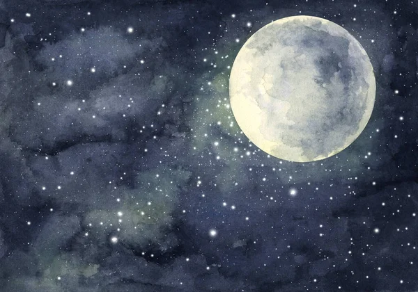 Dolunay ve parlayan yıldızlarla dolu gece gökyüzünün suluboya resmi..