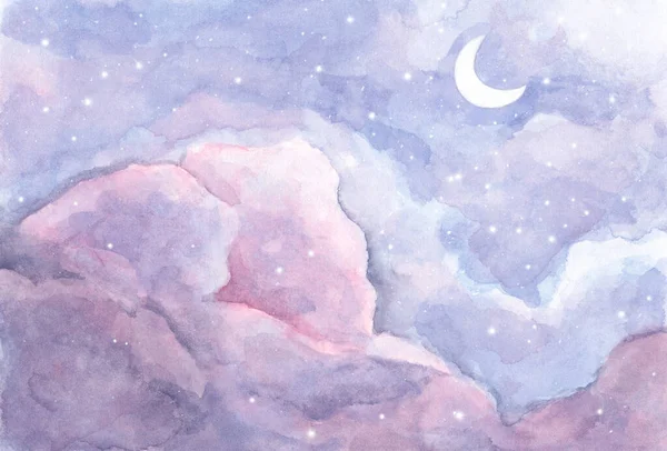 Pintura Acuarela Luna Nubes Fondo Con Suave Color Pastel Fantasía — Foto de Stock