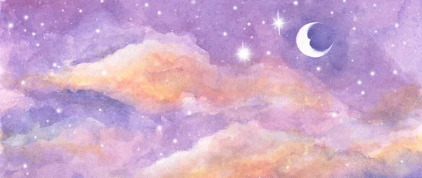 Watercolor Painting Moon Clouds Background Soft Pastel Color Fantasy Magical — Stock Photo, Image