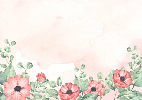 ピンクの水彩の質感と花と葉 — ストック写真