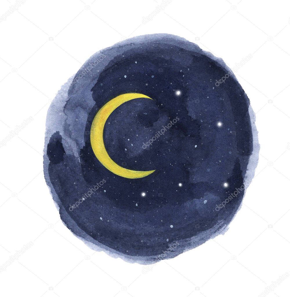 Watercolor night sky in circle isolated on white background.