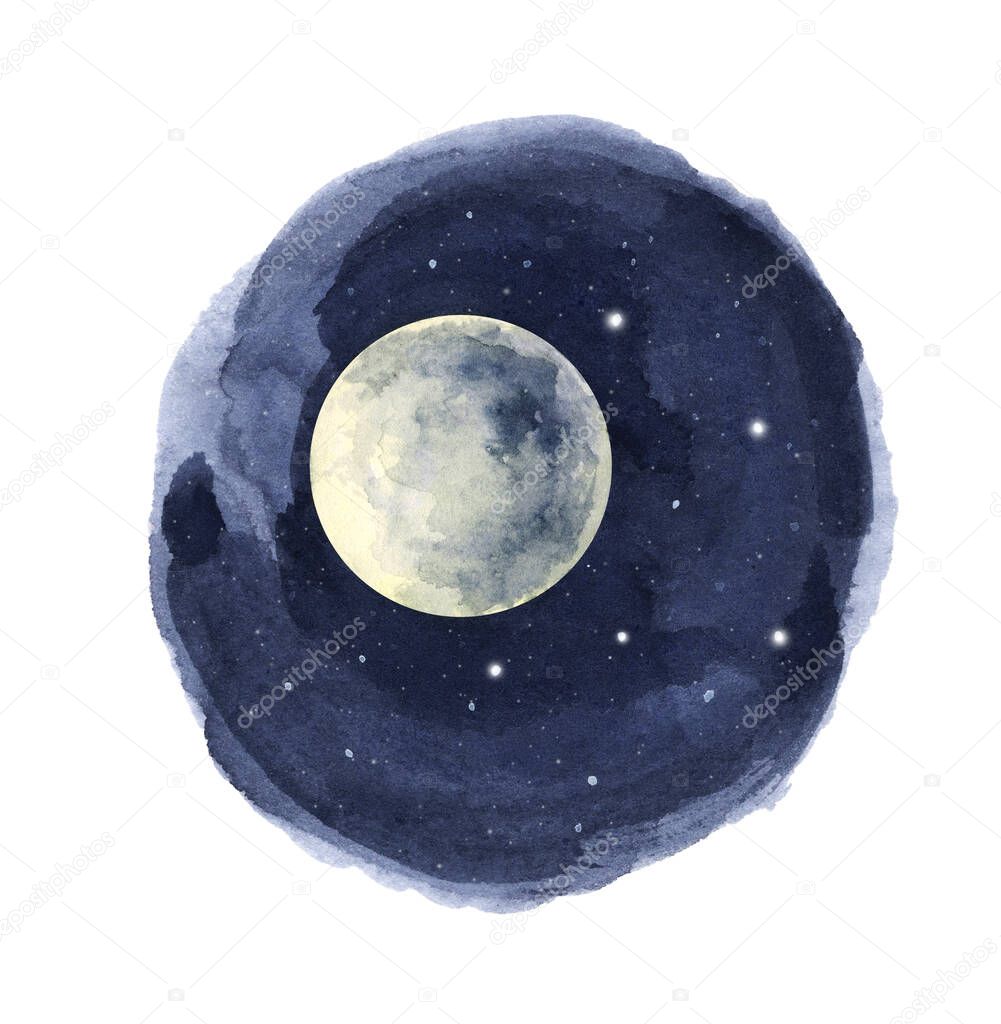 Watercolor night sky in circle isolated on white background.