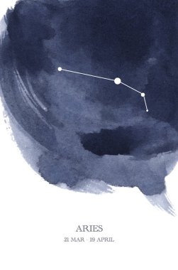 Koç takımyıldızı astroloji suluboya çizimi. Yıldız parıltısı ve çizgilerden oluşan Koç burcu sembolü.