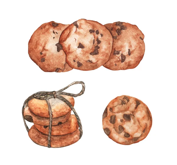 Conjunto Biscoitos Com Chocolate Isolado Fundo Branco Ilustração Aquarela — Fotografia de Stock