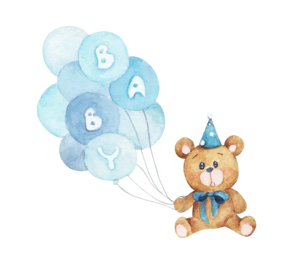 Teddy bear with balloons. Isolated on white background. Watercolor illustration. Can be used for baby shower or cards.