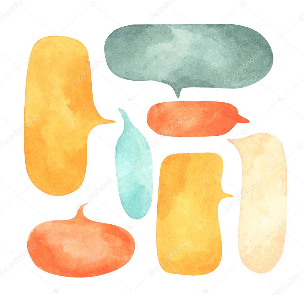 Set of watercolor hand drawn speech bubbles. Isolated on white background.