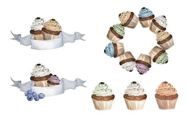 Uppsättning Färgglada Muffins Isolerad Vit Bakgrund Akvarellillustrationer — Stockfoto