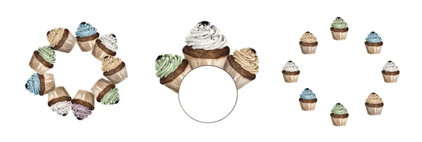 Conjunto Cupcakes Coloridos Projetar Moldura Redonda Isolado Fundo Branco Ilustrações — Fotografia de Stock