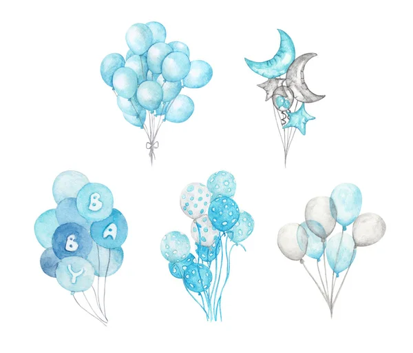 Ensemble Ballons Bleus Isolé Sur Fond Blanc Illustration Aquarelle Lot — Photo