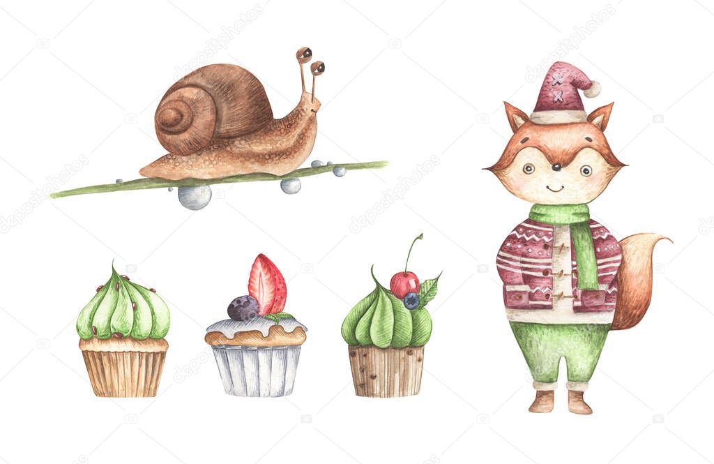 Cute fox with cupcakes and snail. Cute character. Watercolor for children's party decoration, cake toppers, postcards.