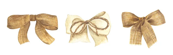 Set Burlap Bow Ribbon Isolated White Background Watercolor Illustration — Fotografia de Stock