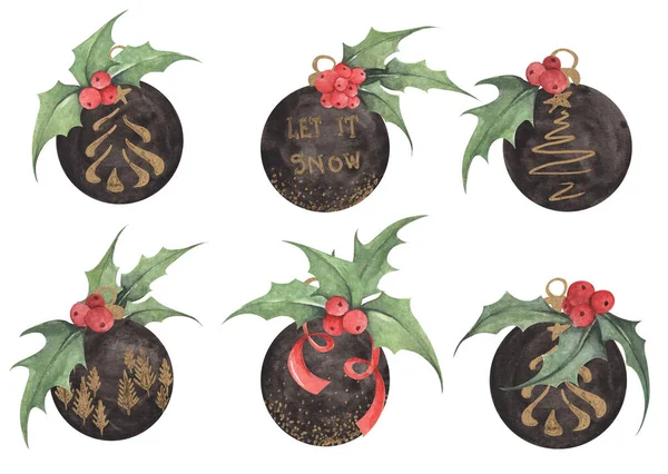 Weihnachtliche Kugelsammlung Für Einen Weihnachtsbaum Vereinzelt Auf Weißem Hintergrund Aquarellillustration — Stockfoto