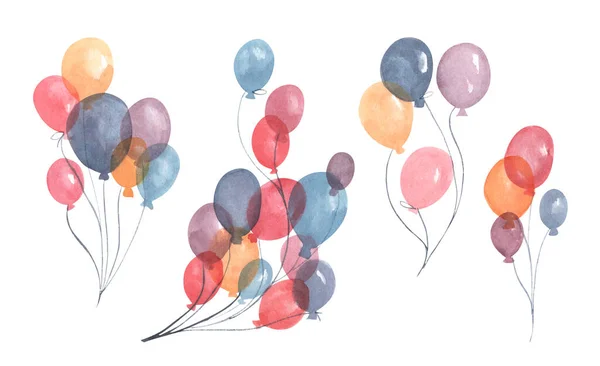 Watercolor Air Balloons Hand Painted Pack Party Red Blue Purple — Stock Photo, Image