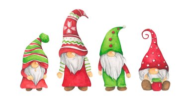 Watercolor illustration of cute christmas gnomes. Isolated on the white background. clipart