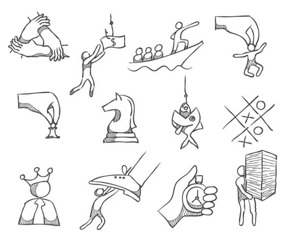 Iconos Gestión Empresarial Estilo Sketch Empresarios Garabatos Dibujados Mano — Archivo Imágenes Vectoriales